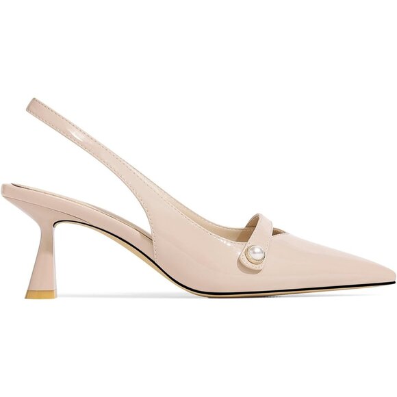 Women's Nude Kitten Slingback Low Heel Pumps Closed Pointed Toe Dress Shoes - Picture 6 of 8